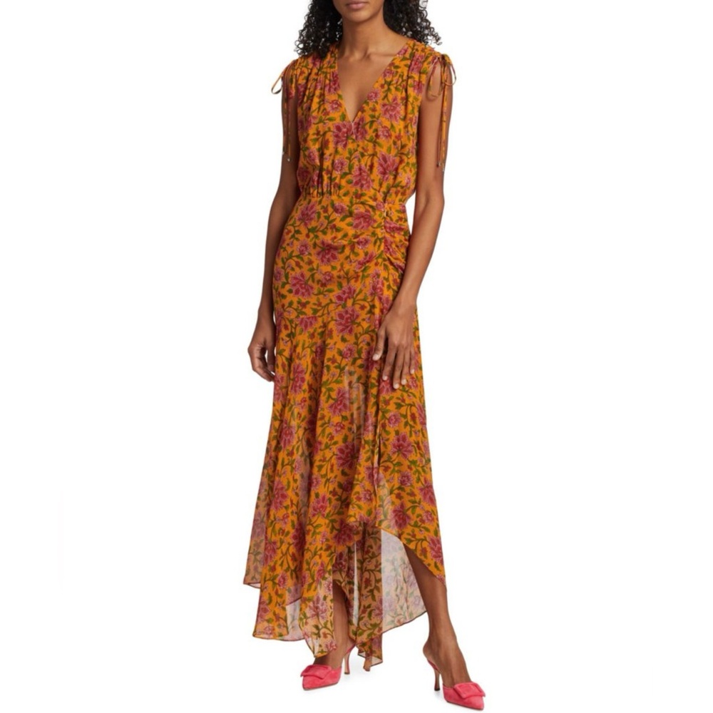 Veronica Beard Mustard Floral V-Neck Sleeveless Maxi Dress